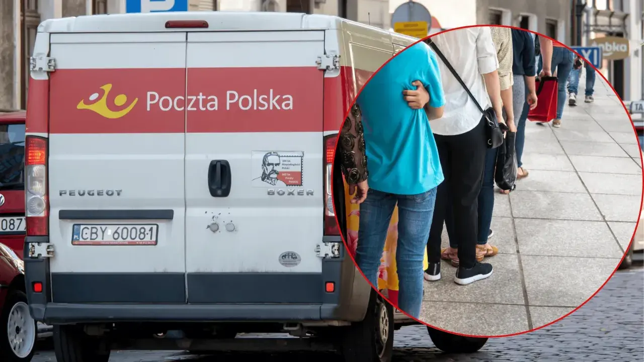 Klienci stoją w kolejce do samochodu Poczty Polskiej. Czy pocztex zostawia awizo?