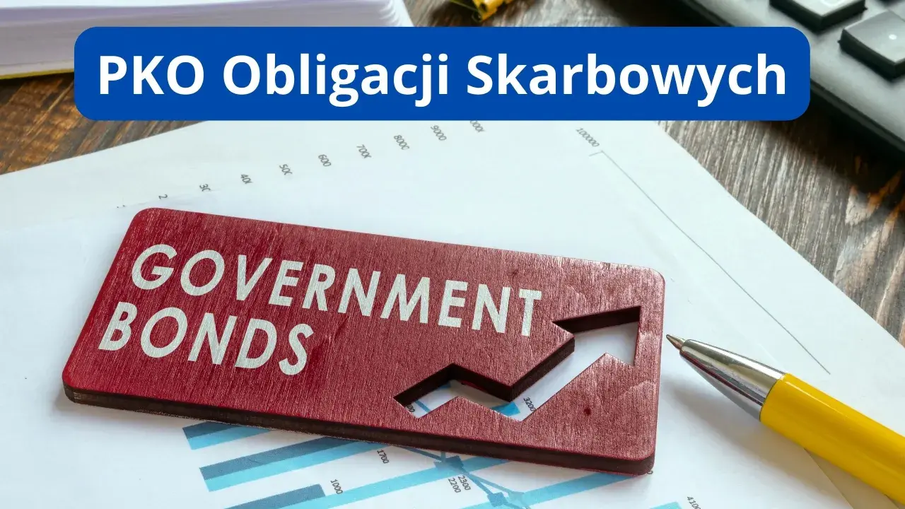 PKO Obligacji Skarbowych. Czerwona tabliczka "GOVERNMENT BONDS" z rosnącą strzałką na wykresie. Sprawdź oprocentowanie PKO BP.