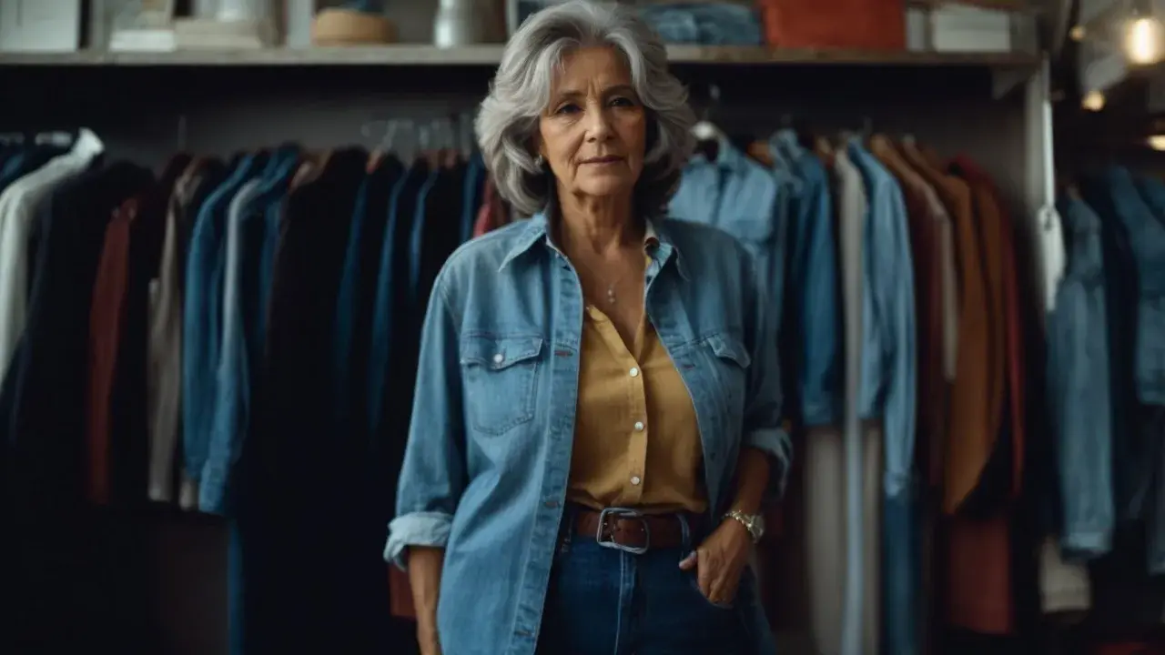 Une femme élégante aux cheveux gris porte une chemise en jean ouverte sur un chemisier jaune moutarde. Elle montre une tenue parfaite pour savoir que mettre avec un jean.