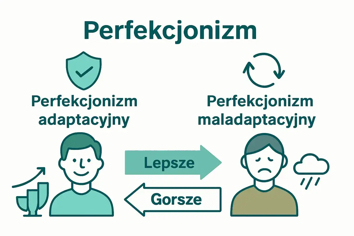Adaptacyjny perfekcjonizm prowadzi do lepszych wyników, maladaptacyjny do gorszych. Ilustracja pokazuje dwa typy perfekcjonizmu.