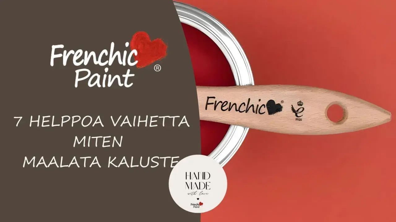 En pensel från Frenchic Paint ligger över en burk med röd färg. Texten "7 HELPOLLA TAVALLA MAALATA KALUSTE" antyder att det är enkelt att måla på faner.