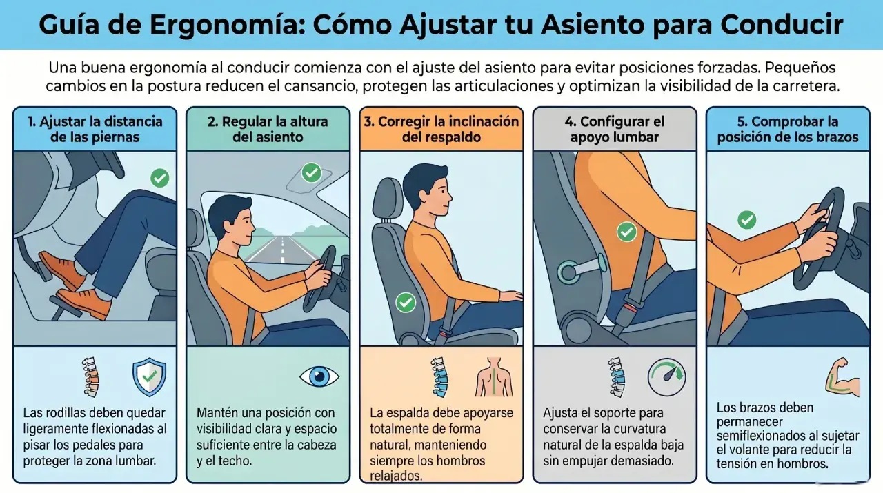 Guía para una **posición correcta para conducir**: ajusta piernas, altura, respaldo, lumbar y brazos para mayor comodidad y seguridad.