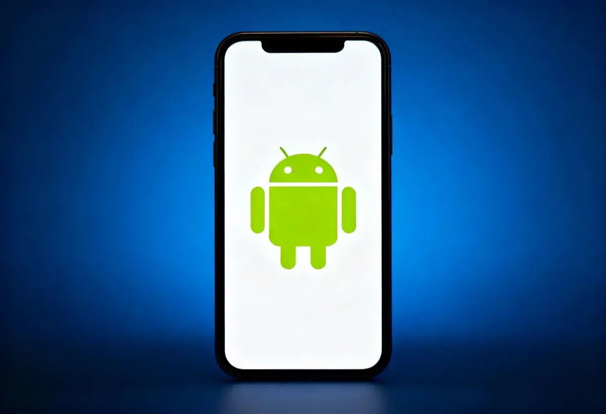 Smartfon z logo Androida. Dowiedz się, jak sprawdzić czas spędzony na telefonie android, aby lepiej zarządzać swoim cyfrowym życiem.