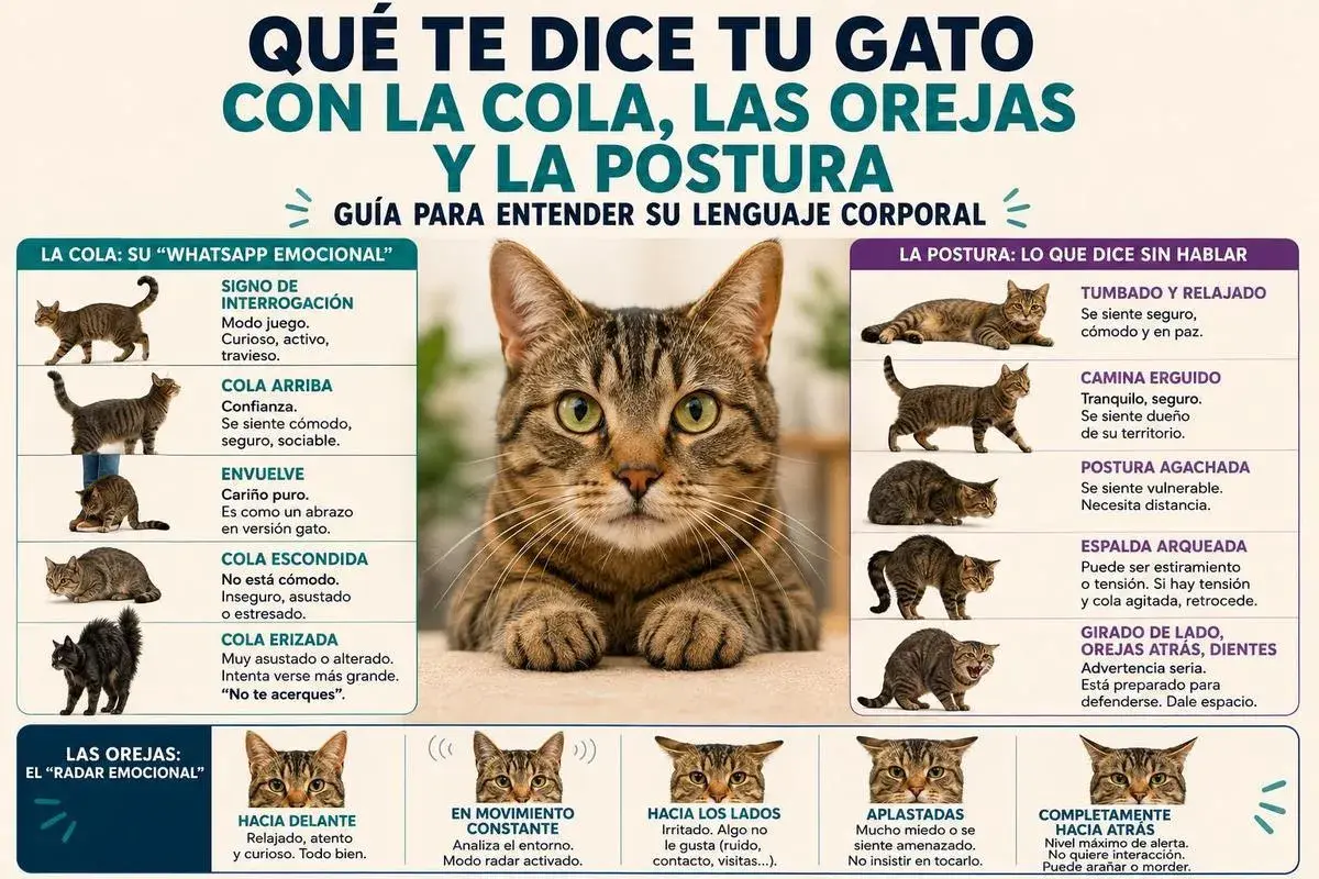 Guía para entender el lenguaje corporal de los gatos: cola, orejas y postura. Ilustra cómo los felinos comunican sus emociones.