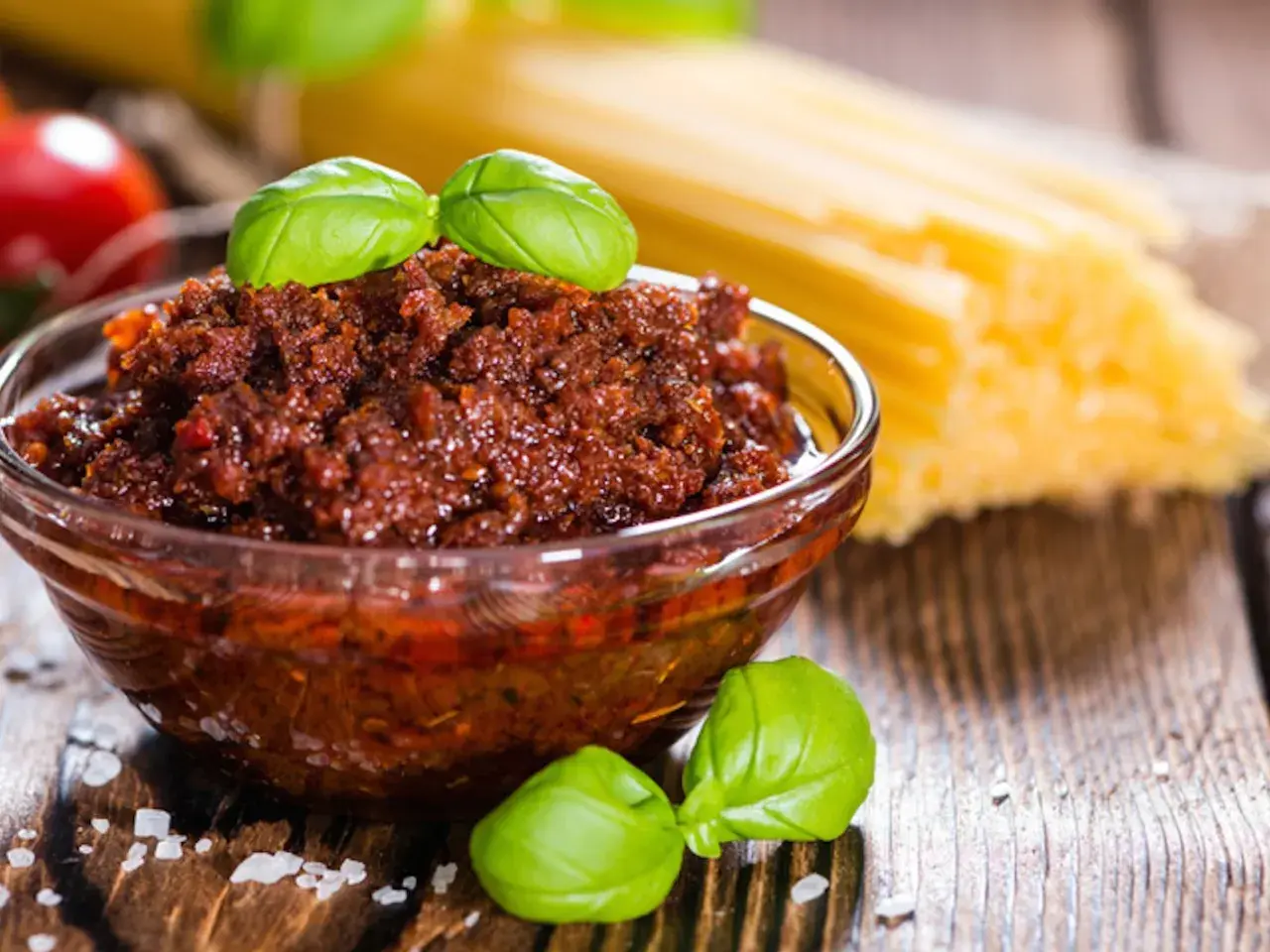Pesto di pomodori secchi in una ciotola di vetro, con spaghetti e basilico sullo sfondo.