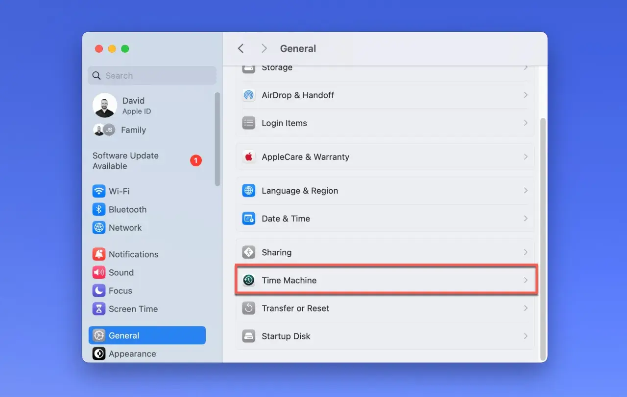 Einstellungen: Time Machine, die externe Festplatte für Backups.