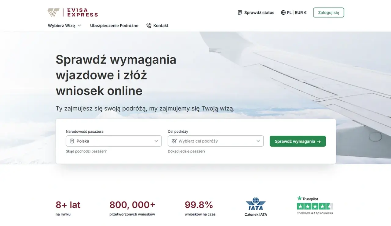 Strona Evisa Express: jak wypełnić formularz wizowy do Egiptu. Wybierz narodowość i cel podróży, by sprawdzić wymagania.