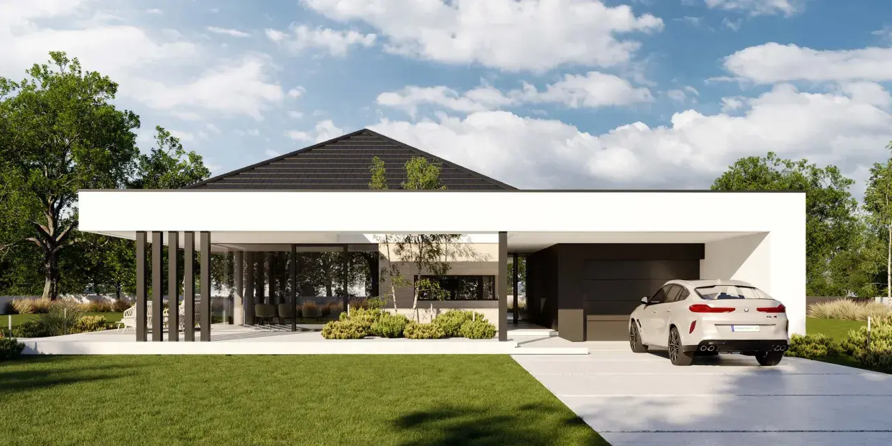 Nowoczesne domy parterowe do 120m2. Elegancka bryła z dużymi przeszkleniami, garażem i zadbanym ogrodem.