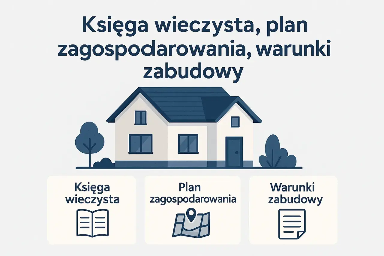 Ilustracja przedstawia dom z ikonami: księga wieczysta, plan zagospodarowania i przykładowe warunki zabudowy.