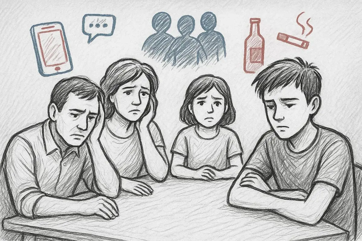 Famiglia triste, con simboli di dipendenza (telefono, alcol, sigaretta) e isolamento sociale. Le conseguenze sui figli di tossicodipendenti sono evidenti nel loro volto.