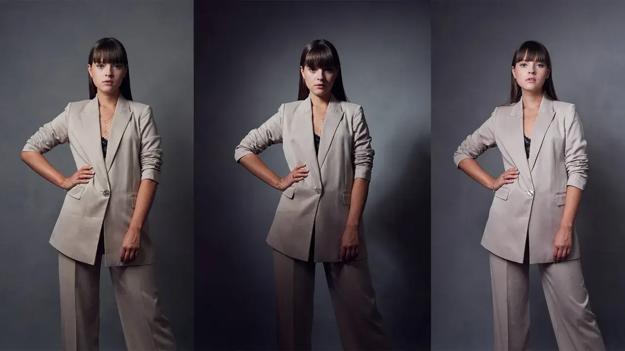 Kobieta w beżowym garniturze, z dłońmi na biodrach, prezentuje elegancki styl studio.
