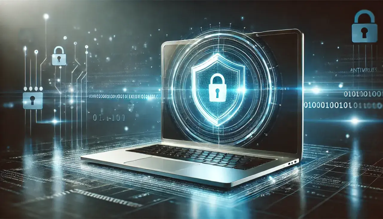 Laptop z tarczą i kłódką symbolizującą bezpieczeństwo. W tle cyfrowy świat z kodem binarnym i ikonami zamków, sugerujący skanowanie antywirusowe.