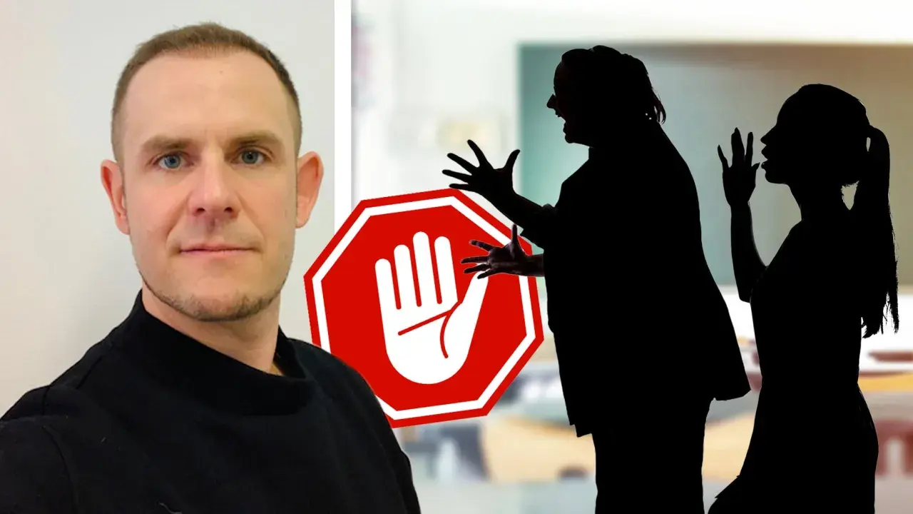 Mikael Kalmenstam ser allvarlig ut bredvid en stoppskylt och silhuetter av ett grälande par.