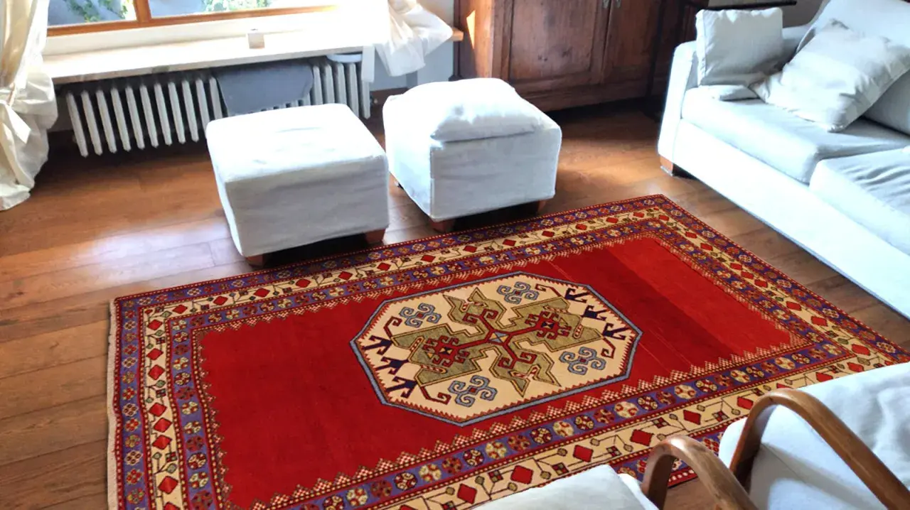 Un tappeto rosso con motivi geometrici, che evoca l'autenticità dei tappeti rustici, adorna il pavimento in legno di un soggiorno accogliente.