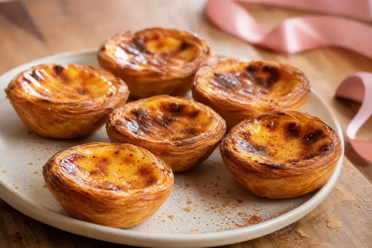 Six délicieux pasteis de nata, dorés et caramélisés, sur une assiette blanche, avec un ruban rose en arrière-plan.