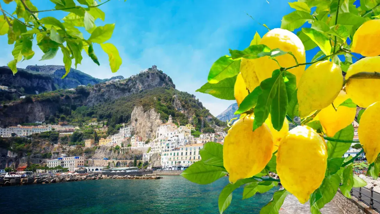 Un **capriccio mattutino** con limoni gialli brillanti in primo piano, sullo sfondo di un borgo costiero italiano e montagne verdi.