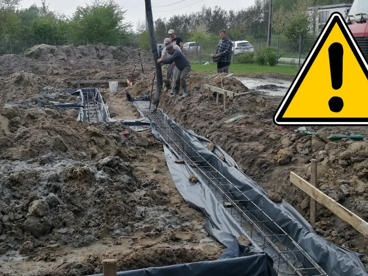Budowa fundamentów: wylewanie betonu do zbrojenia w wykopie.