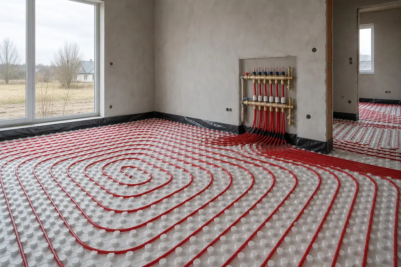 Rozłożone czerwone pętle ogrzewania podłogowego tworzą spiralny wzór na białym podkładzie. System jest podłączony do mosiężnego rozdzielacza.