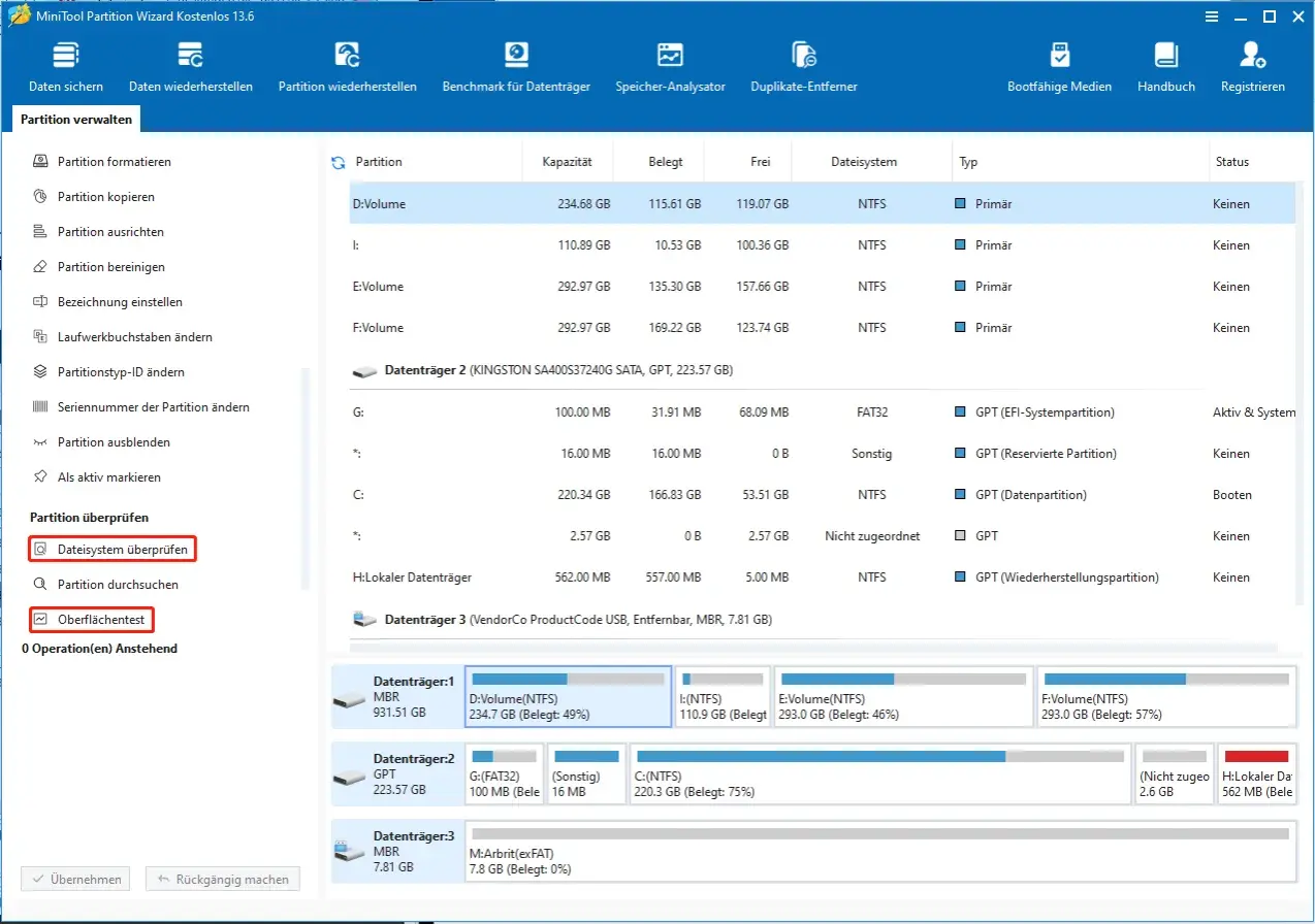 MiniTool Partition Wizard zeigt die Partitionen an. Ein "scandisk cmd" könnte hier helfen, die Integrität der Dateisysteme zu prüfen.