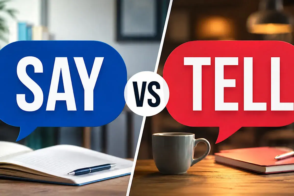 Due fumose bolle di dialogo, una blu con "SAY" e una rossa con "TELL", contrapposte. Cosa dire e cosa raccontare?