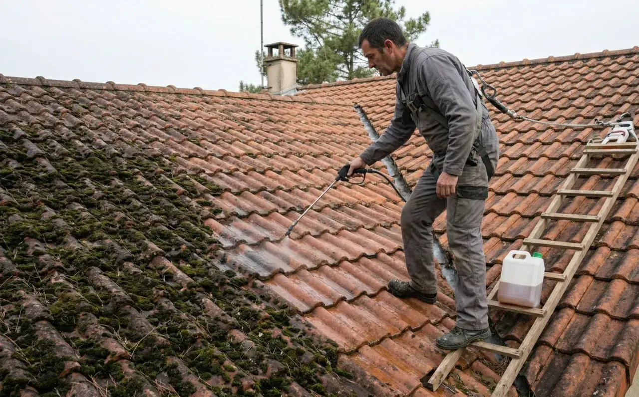 Un couvreur nettoie une toiture envahie par la mousse. Un entretien essentiel pour locataire ou propriétaire, garantissant la longévité de la maison.