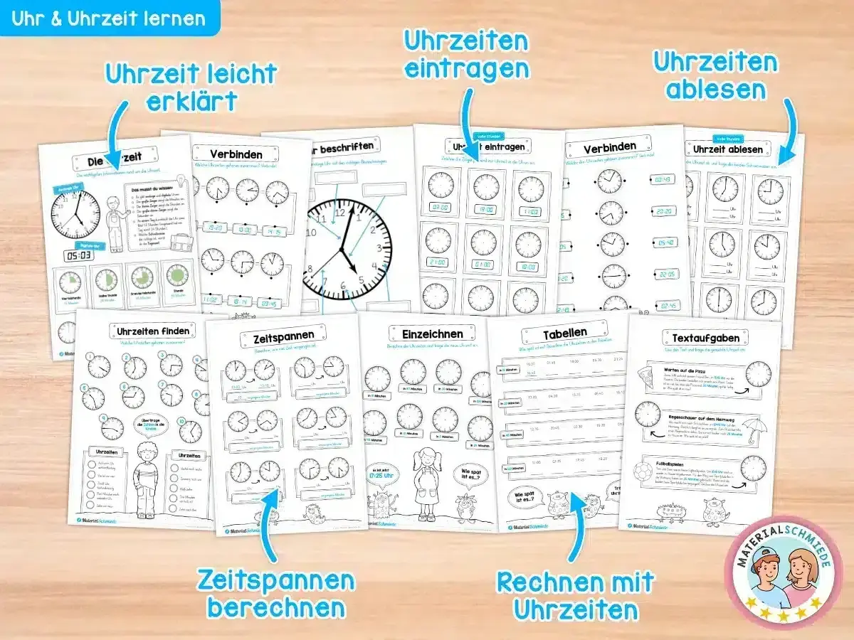 Arbeitsblatt Uhrzeit: Übungen zum Lernen und Üben der Uhrzeit mit verschiedenen Aufgaben wie Ablesen, Eintragen und Berechnen von Zeitspannen.
