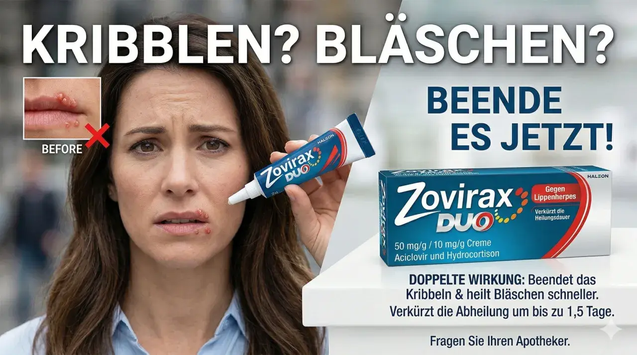 Frau mit Lippenherpes, die Zovirax Duo Creme hält. Die Creme hilft gegen das Kribbeln und heilt Bläschen schneller.