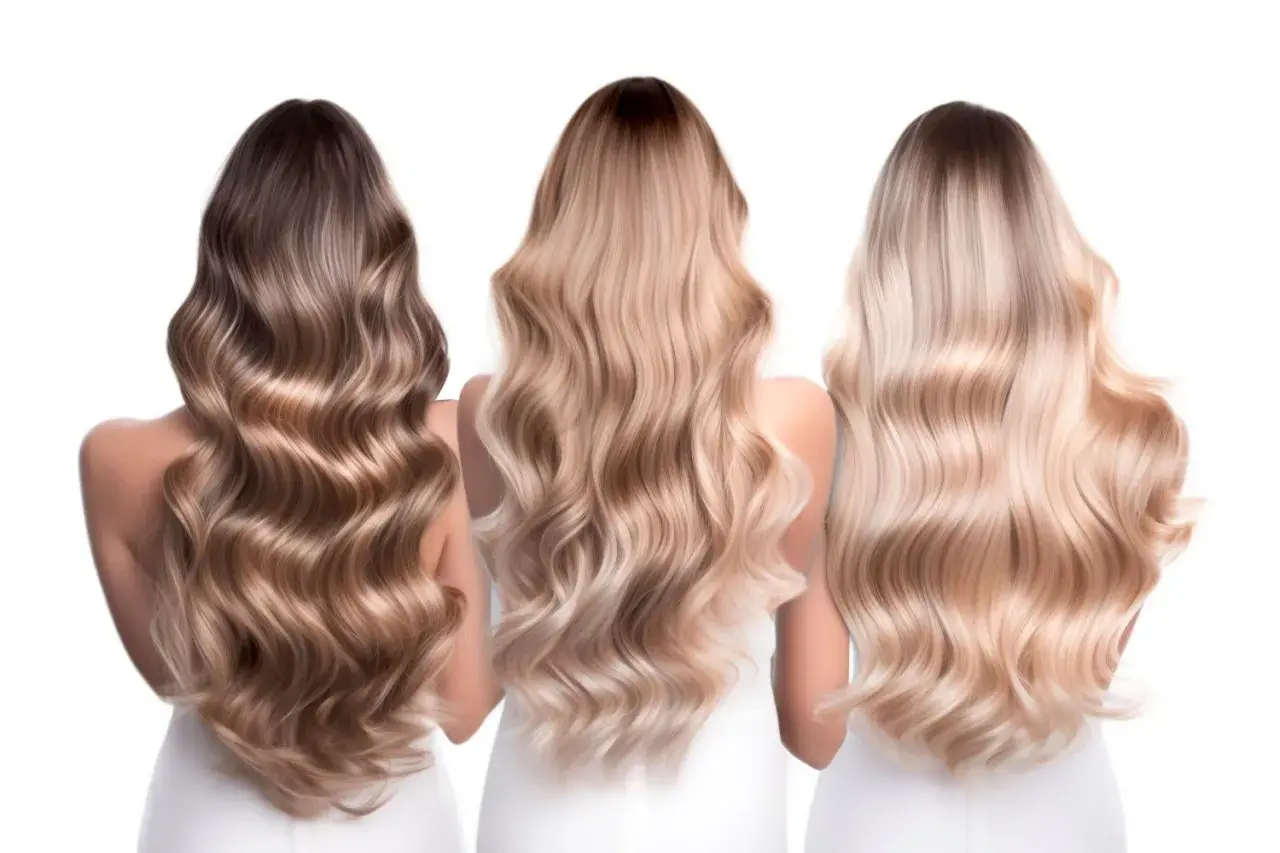 Trzy kobiety z falującymi włosami. Jedna ma ciemnobrązowe, druga jasnobrązowe, a trzecia blond. Ich włosy wyglądają jakby lekki **air touch blond** muśkał je delikatnie.
