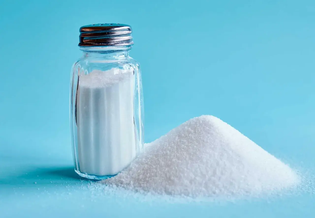 Saltkaret bredvid en hög med salt. Salt är en grundläggande ingrediens för att framhäva umami smak i matlagning.