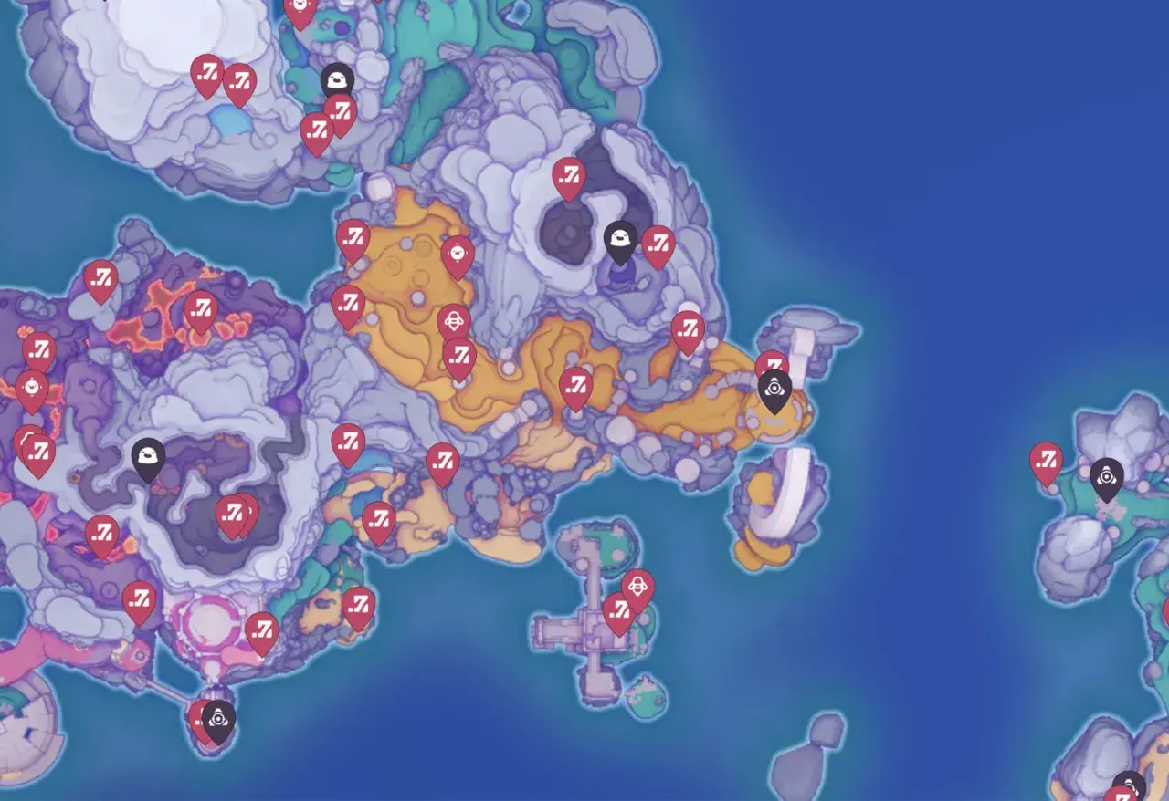 Mapa Slime Rancher 2 z zaznaczonymi lokacjami. Czerwone pinezki wskazują miejsca do odkrycia, a czarne z ikonami to specjalne punkty.
