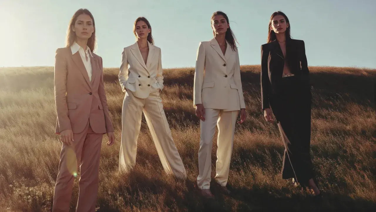Quatre femmes en tailleurs élégants, dont un en lin textile, posent dans un champ d'herbes hautes au coucher du soleil.