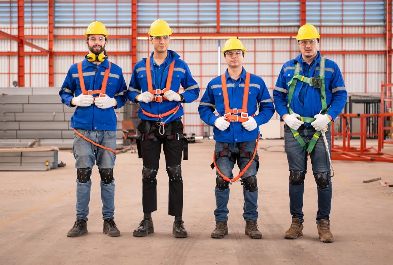 Czterech pracowników w żółtych kaskach i niebieskich kombinezonach, wyposażonych w szelki bhp, stoi w hali produkcyjnej.