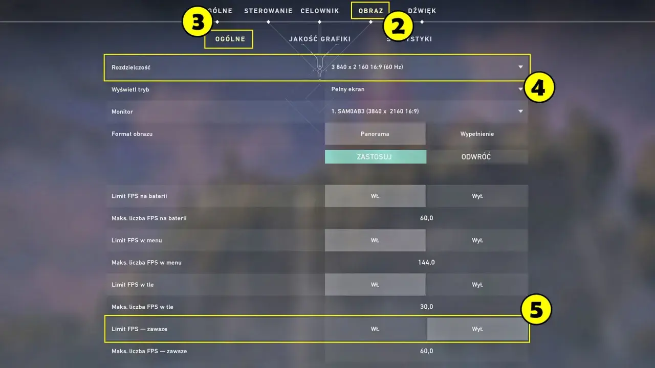 Ustawienia Valorant: rozdzielczość, tryb wyświetlania, monitor, format obrazu, limity FPS na baterii, w menu i w tle.