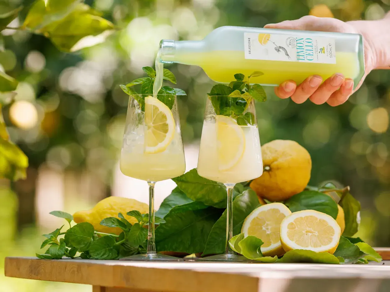 Limoncello wird in Gläser mit Eis, Zitronenscheiben und Minze gegossen. So trinkt man Limoncello am besten!