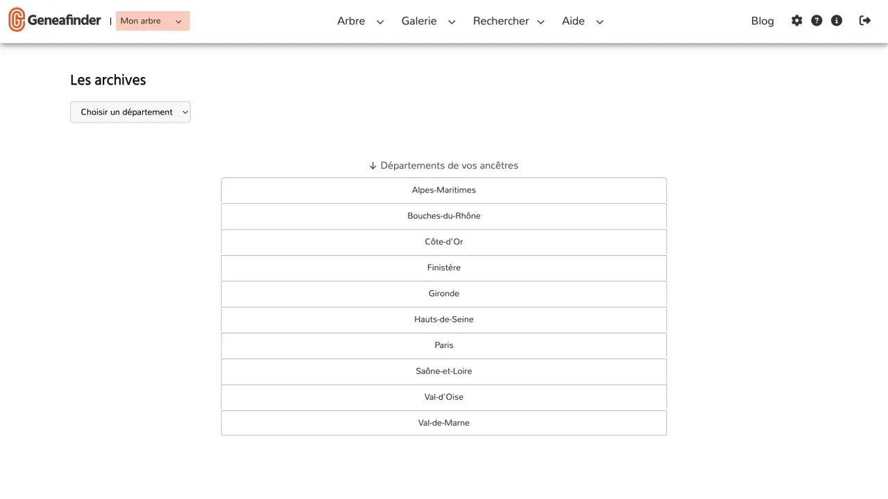 Page d'accueil de Geneafinder pour explorer les archives en ligne. Une liste de départements français est affichée pour rechercher des ancêtres.