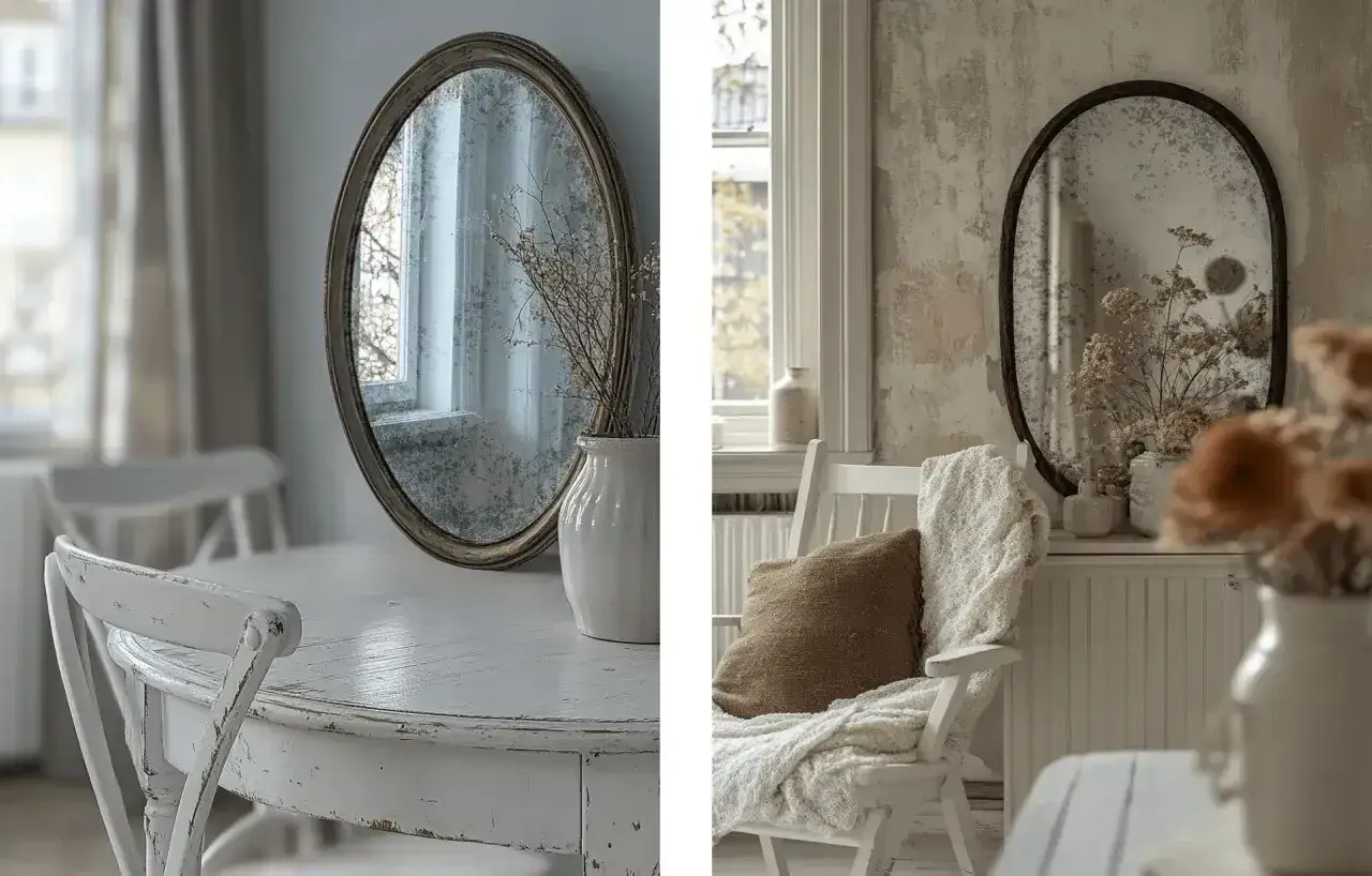 Inspiracja: jak zrobic rame do lustra. Dwa ujęcia antycznych luster w ozdobnych ramach, w rustykalnych wnętrzach.