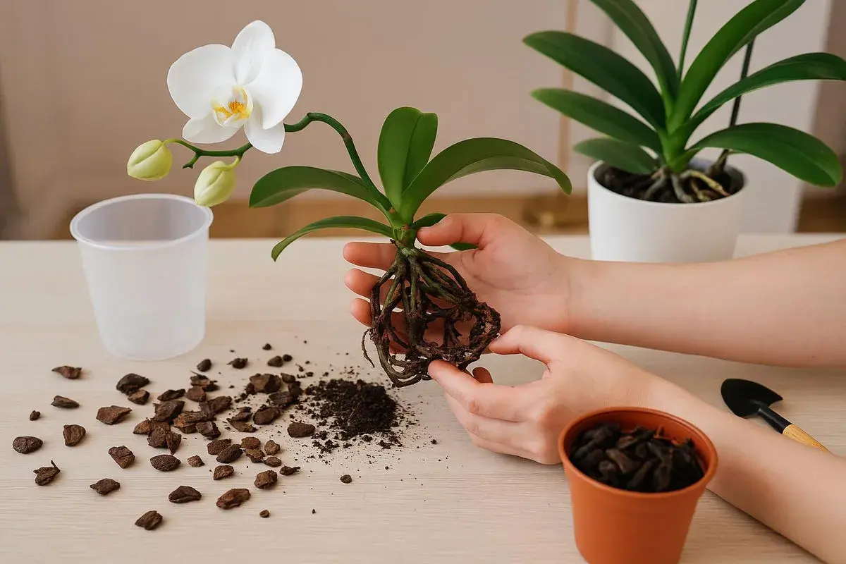 Hände halten eine Orchidee mit gesunden Wurzeln bereit zum Umtopfen. Rindenmulch und Erde liegen daneben.