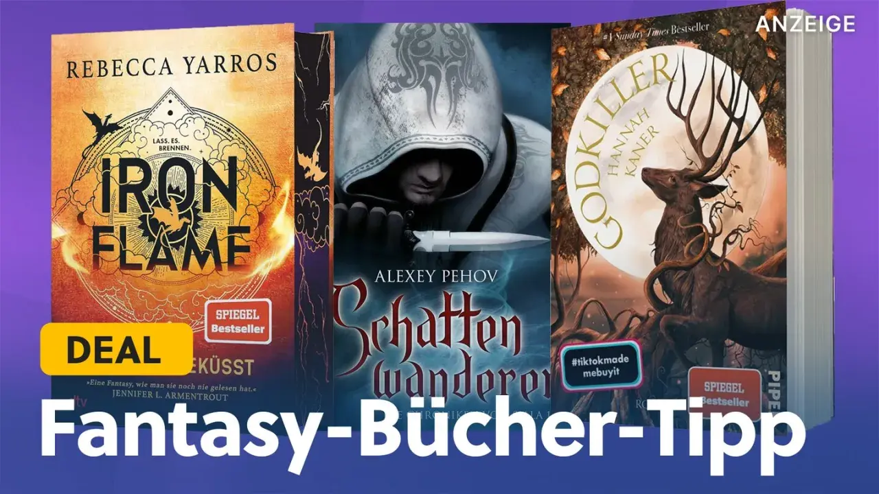 Drei Cover von Fantasy-Romanen: "Iron Flame", "Schattenwanderer" und "Godkiller". Ein Tipp für Leser von Fantasy-Büchern.