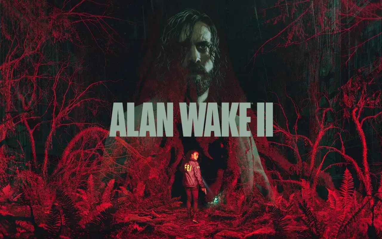 Mroczny las, agentka FBI z latarką i pistoletem, nad nimi twarz Alana Wake'a. To kluczowe dla **Alan Wake 2 poradnik**.