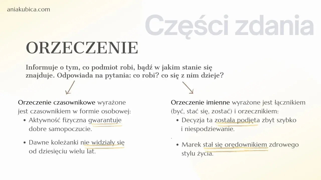 Orzeczenie informuje, co podmiot robi lub w jakim jest stanie. Czasownik jest kluczowy w zdaniu, np. "gwarantuje", "widziały", "została podjęta", "stał się".
