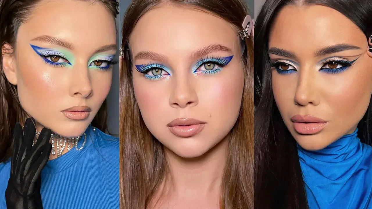 Maquillaje audaz con delineado azul eléctrico y sombras celestes, perfecto para un vestido azul marino.