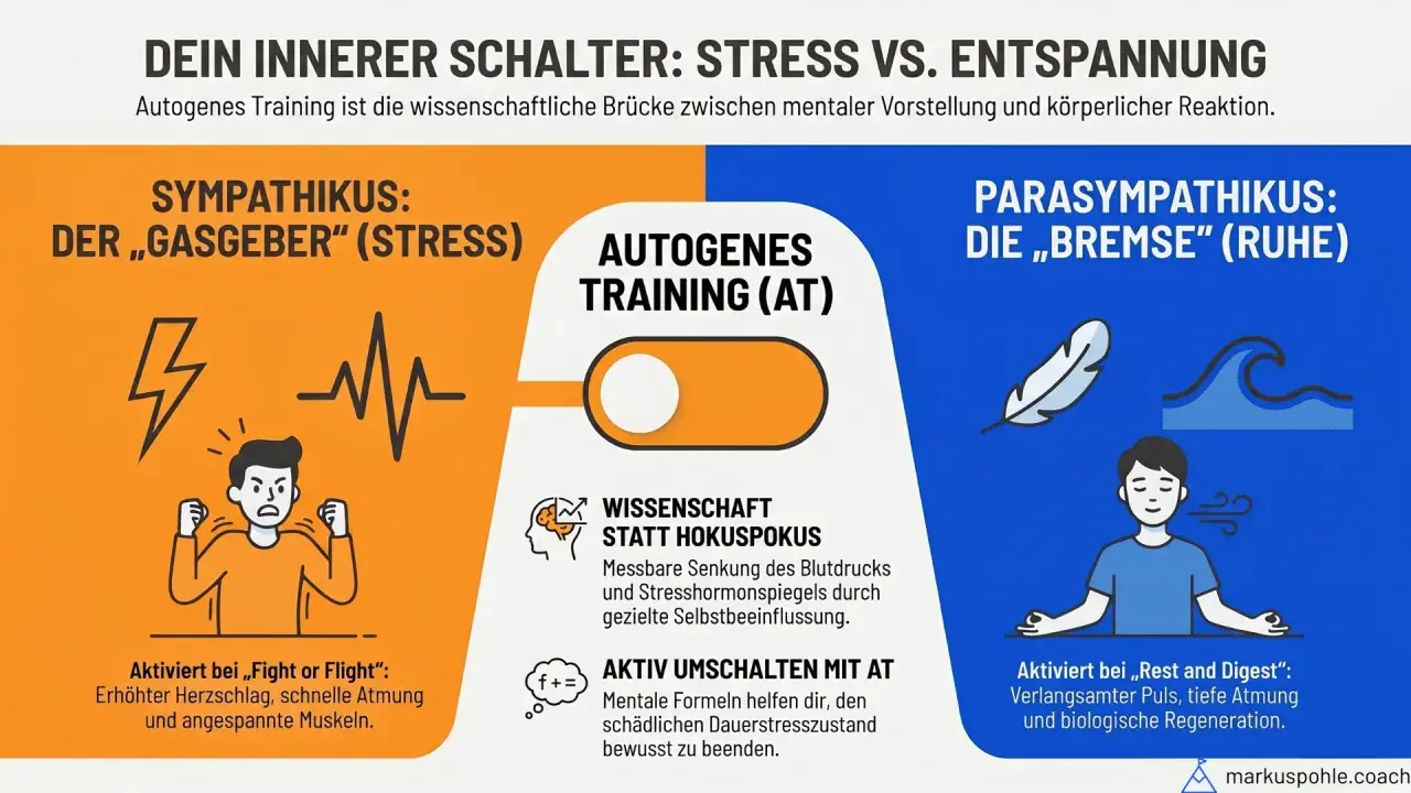 Autogenes Training hilft, Stress im Studium zu bewältigen. Links der gestresste Sympathikus, rechts der entspannte Parasympathikus.