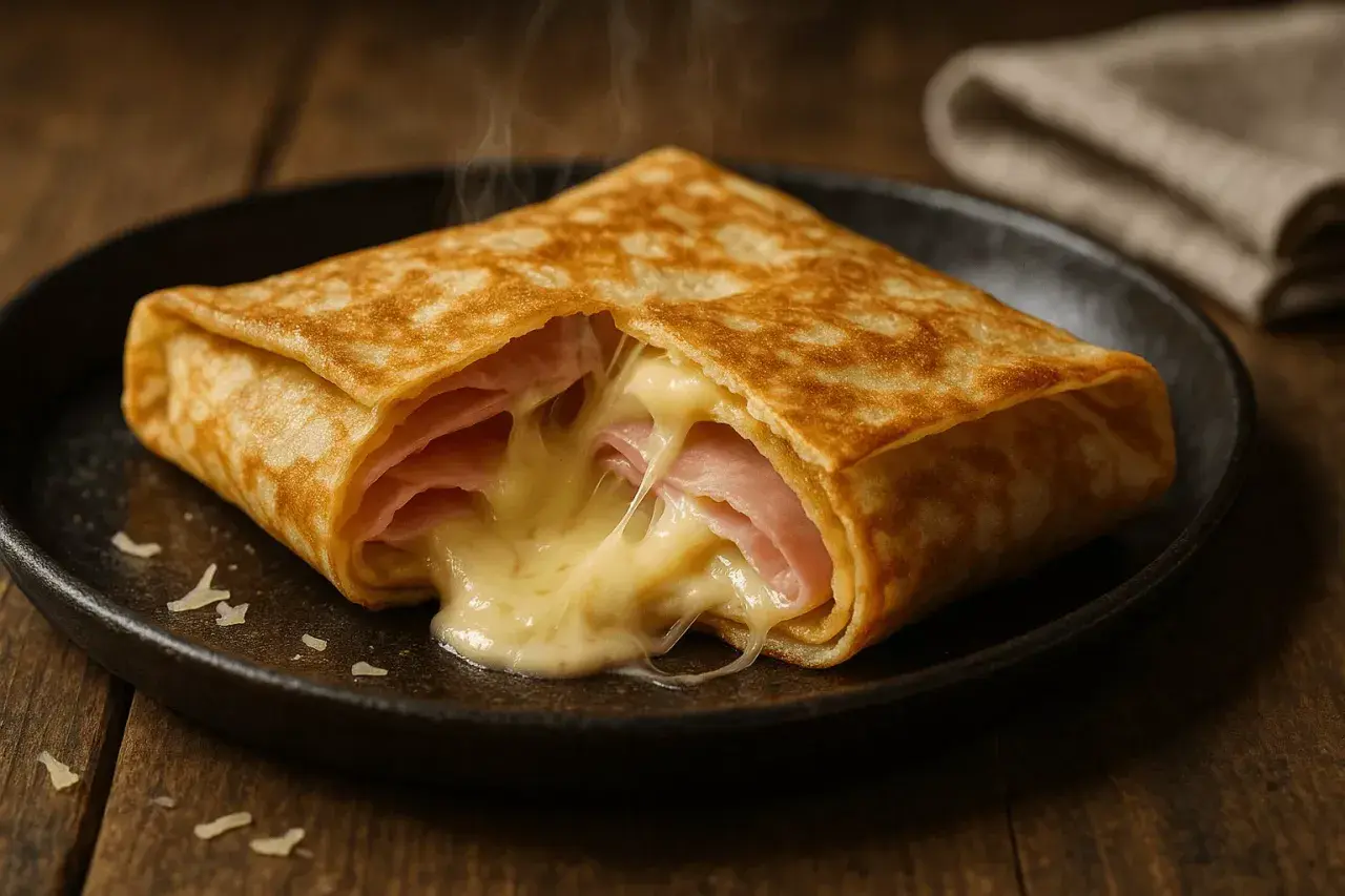 Crêpe garnie de jambon et de fromage fondant, dégageant une vapeur appétissante. Un délice simple et réconfortant.