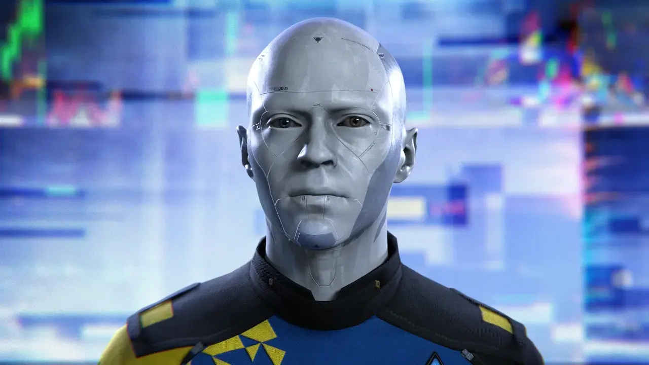 Android z Detroit: Become Human, z niebieskim tłem. Ile godzin gry zajmie odkrycie jego tajemnic?