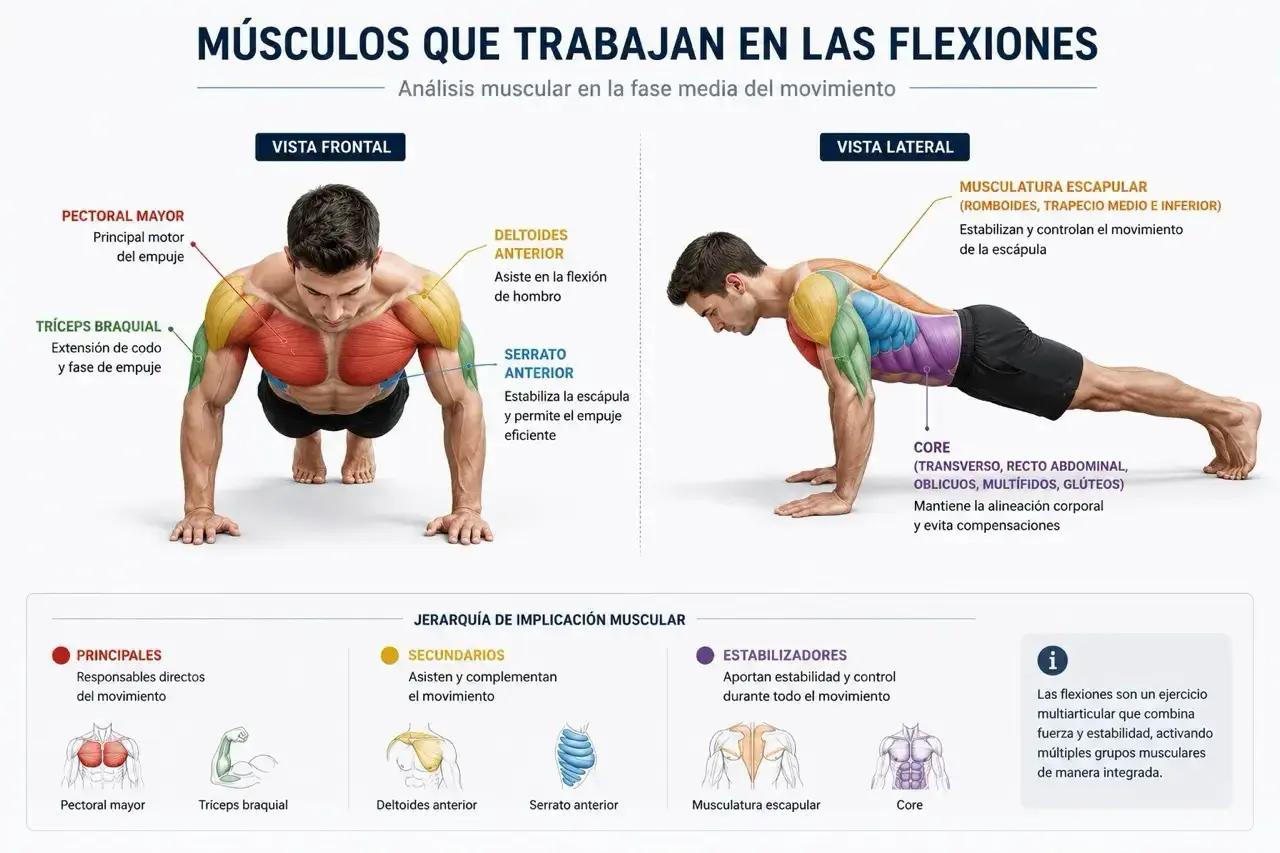 Análisis muscular de los músculos que trabajan en un push up, mostrando vista frontal y lateral, con énfasis en el pectoral mayor y tríceps.