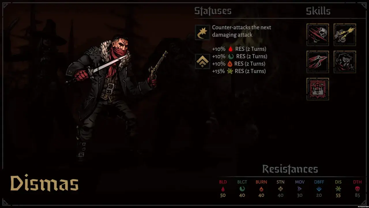 Dismas, postać z gry Darkest Dungeon 2, gotowy do walki z sztyletem i pistoletem.