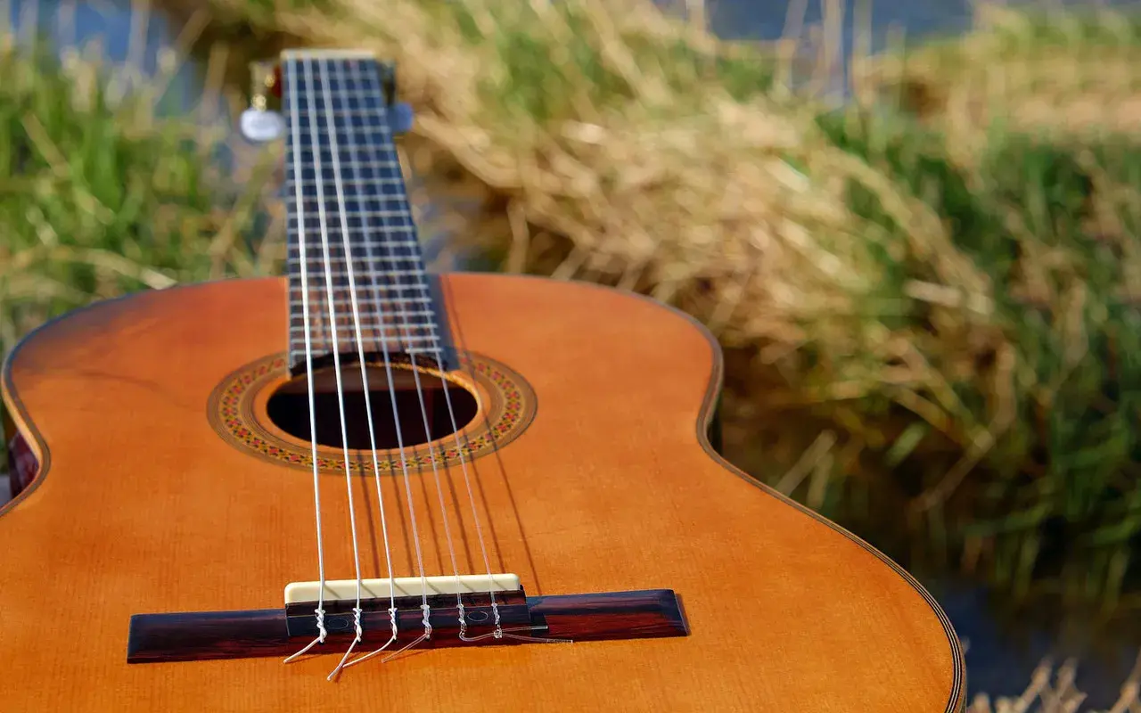 Klasyczna gitara z nylonowymi strunami na tle trawy. Zastanawiasz się, ile kosztują struny do gitary?