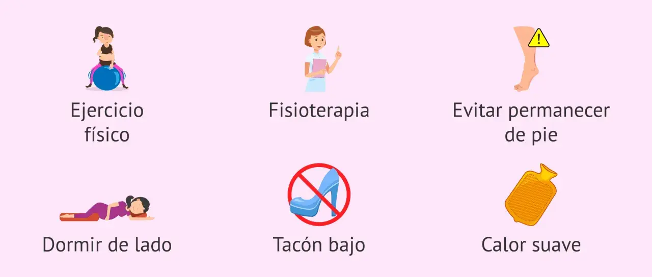 Consejos para aliviar el dolor de espalda en el embarazo: ejercicio, fisioterapia, evitar estar de pie, dormir de lado, tacón bajo y calor suave.