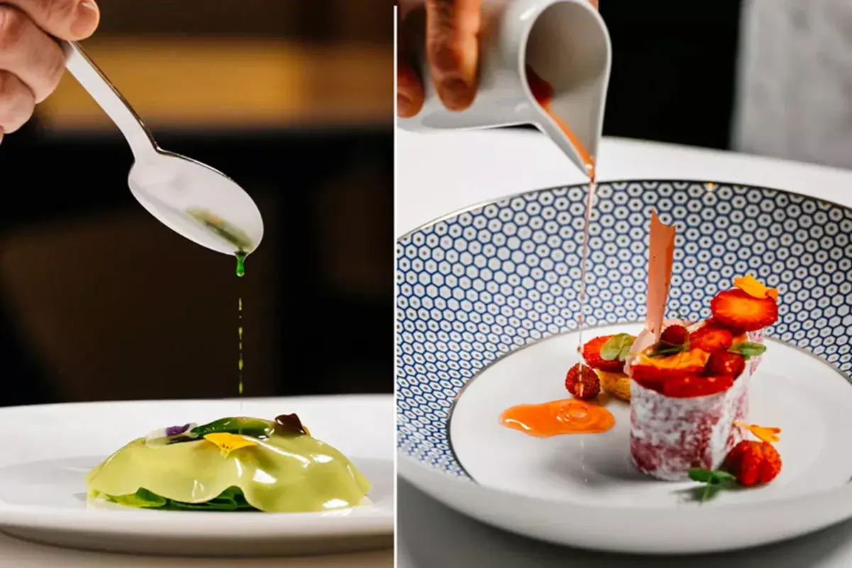 Dettagli di alta cucina: un primo piatto verde e un dessert alle fragole, esempi di eccellenza nei ristoranti stellati Marche.