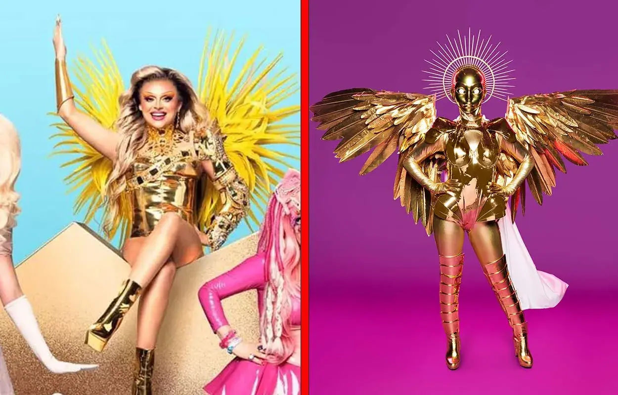 Två gyllene, glittrande dräkter. En person med stora gula fjädrar, en annan som en gyllene ängel. Kanske framtida masked singer 2026 deltagare?